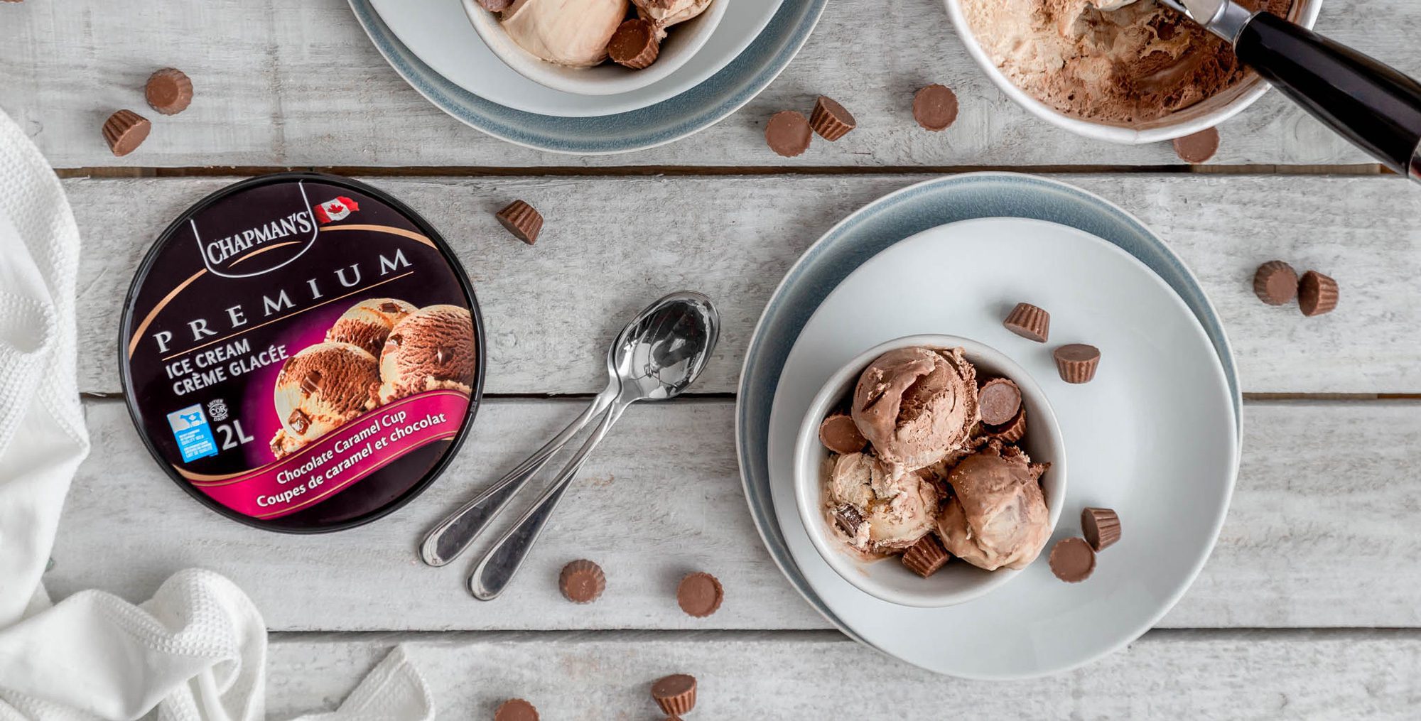 An overhead shot of Chapman's Premium Chocolate Caramel Cup ice cream