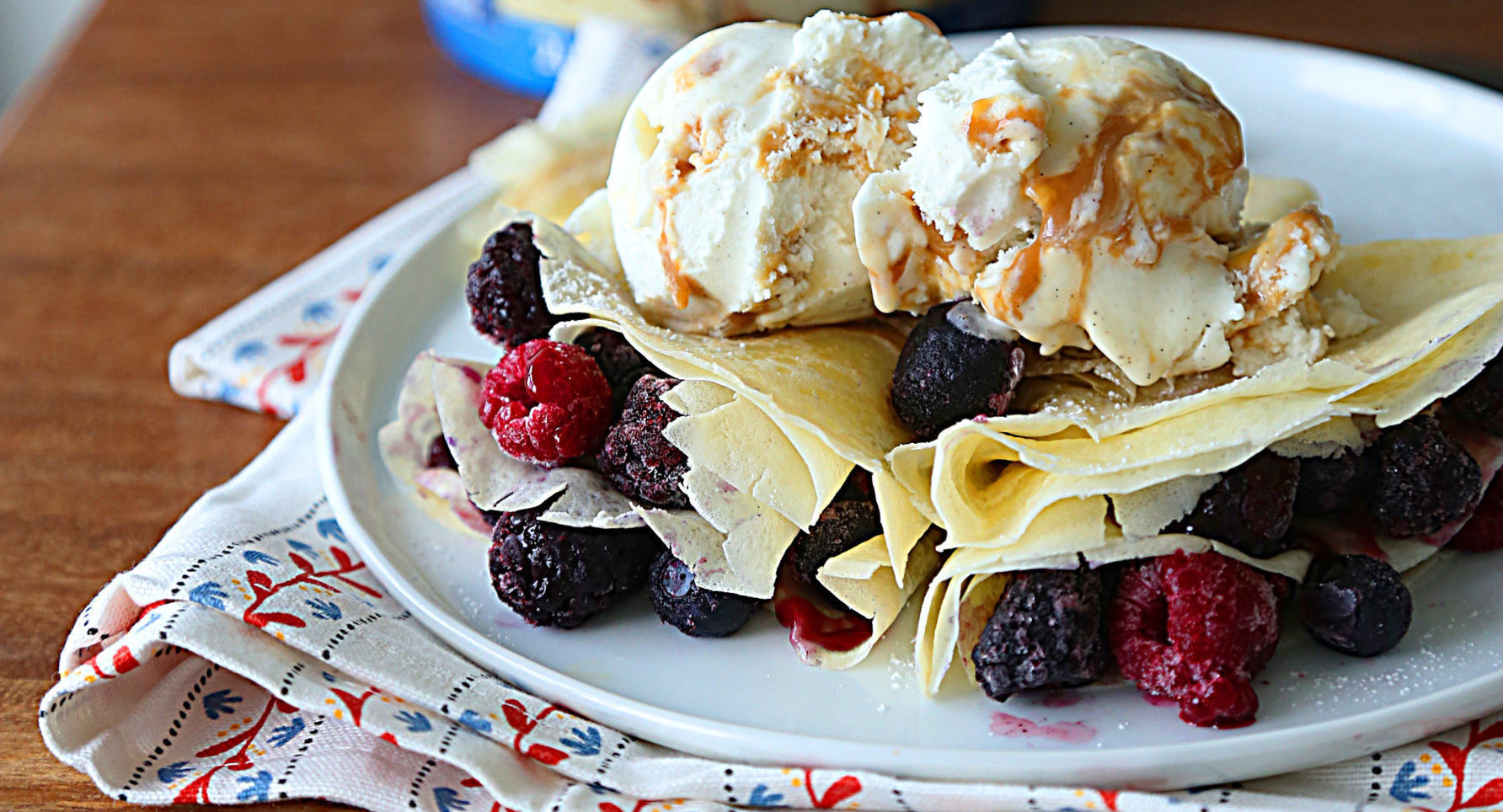 Salty Caramel Crepes with seasonal berries and frozen yogurt