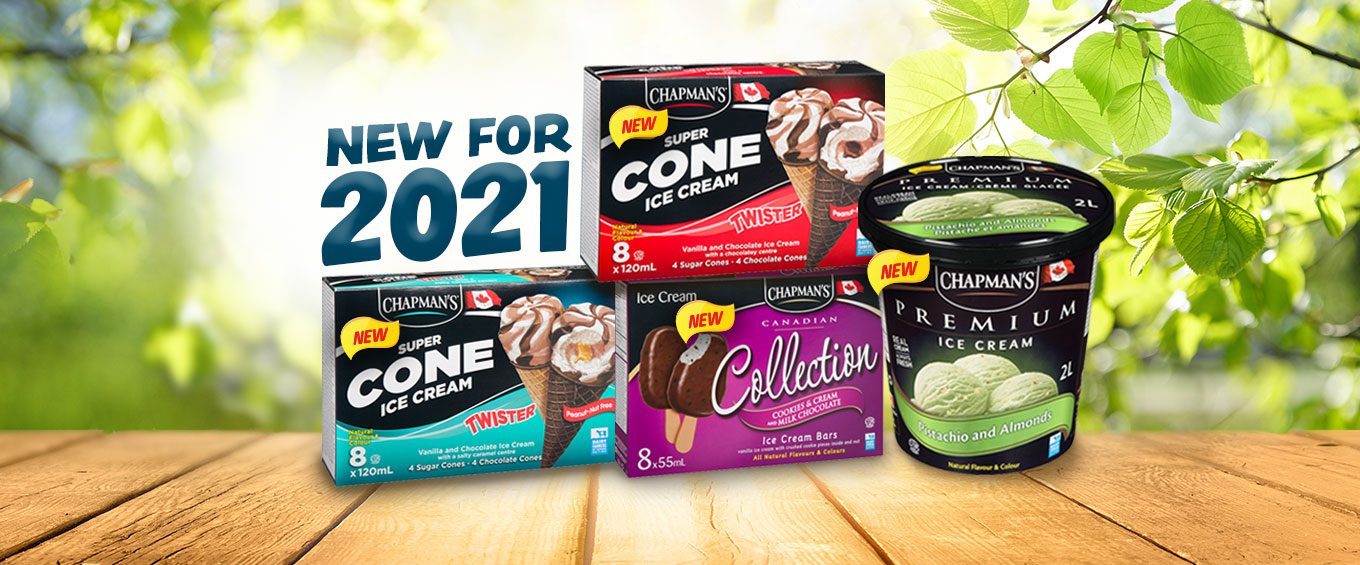 Packaging of Chapman's 4 new products for 2021 sitting on top of a wooden table with bright summer leaves and sun shining in the background|||Two Twister Ice Cream Cones in a glass cup on a tabletop|Cookies and Cream Ice Cream Bars packaging and three bars unwrapped in a glass dish|Bowl of Pistachio and Almonds Ice Cream sitting on a kitchen counter